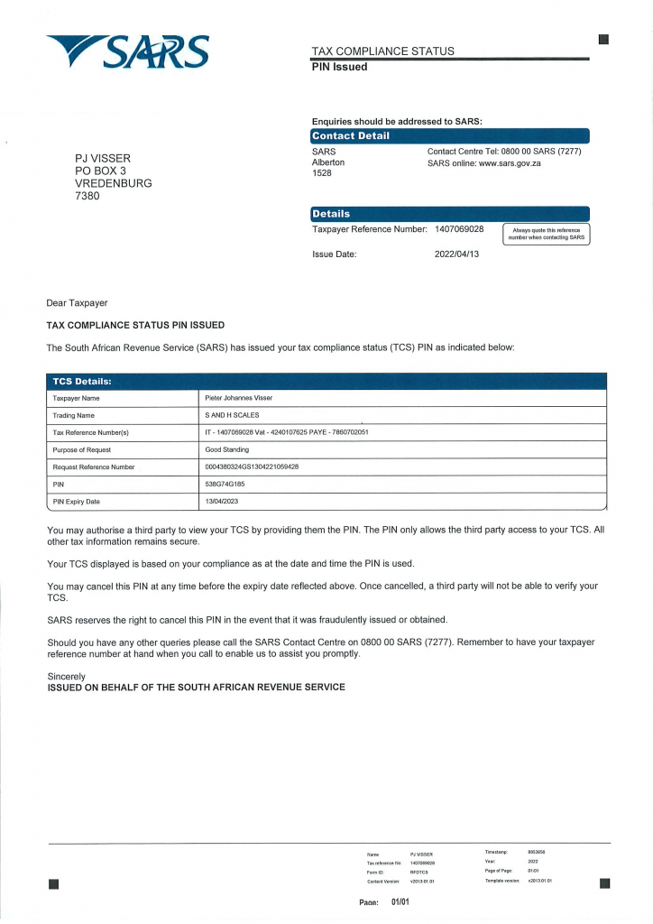 Tax Clearance Certificate SH Scales